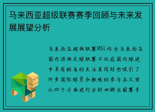 马来西亚超级联赛赛季回顾与未来发展展望分析