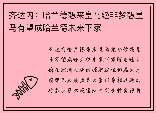 齐达内：哈兰德想来皇马绝非梦想皇马有望成哈兰德未来下家