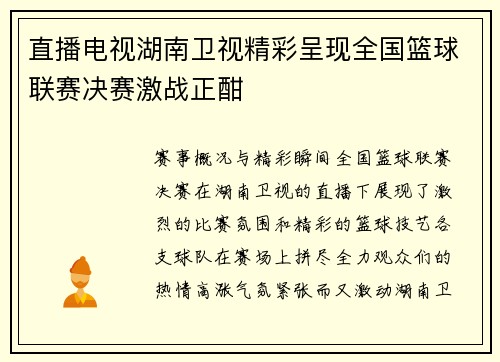 直播电视湖南卫视精彩呈现全国篮球联赛决赛激战正酣